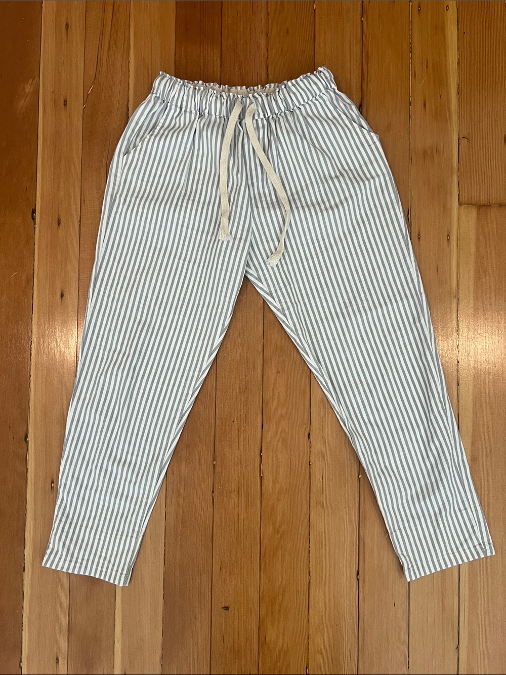 Italian Striped Straight-Leg Drawstring Pants - Blue/White 80%cotton  20% linen